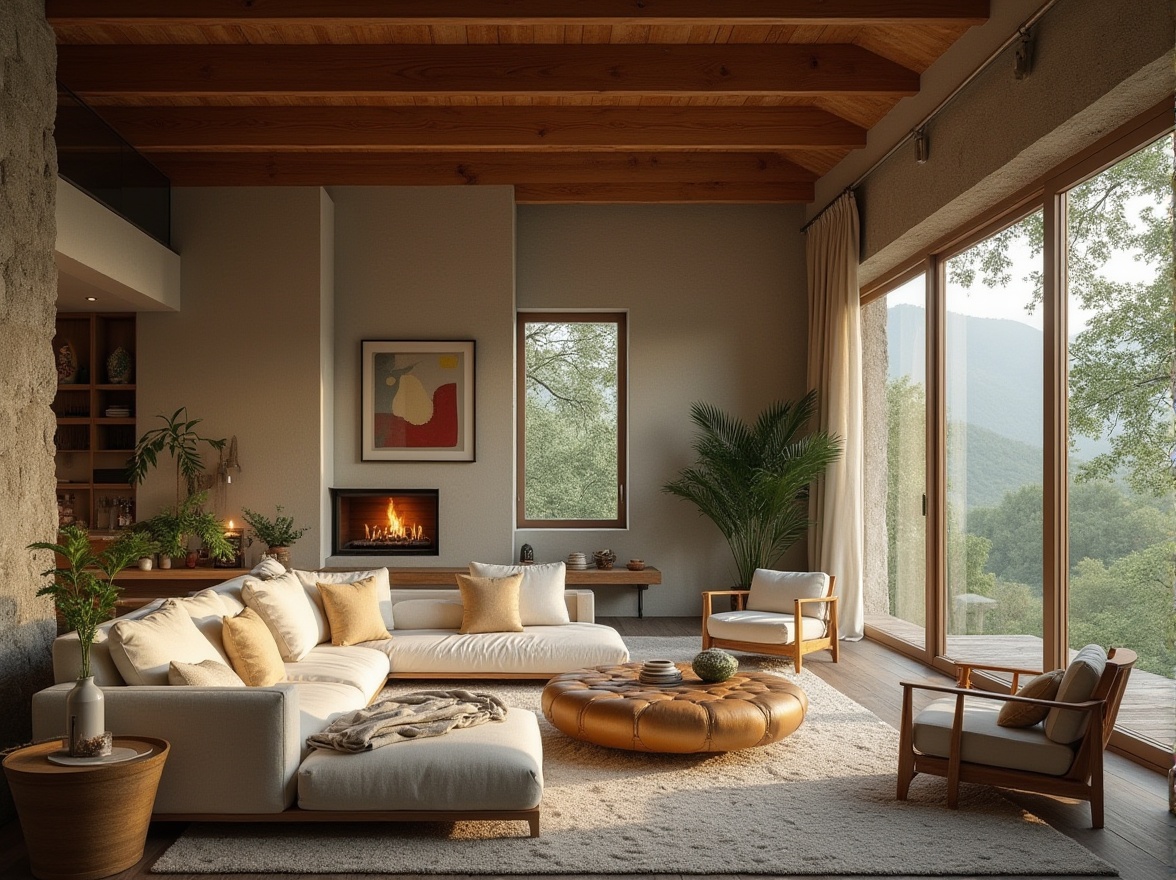 Prompt: Rural penthouse, structuralism style, modern farmhouse, luxurious interior, high ceiling, large windows, wooden beams, stone walls, cozy atmosphere, vintage furniture, linen textiles, natural light, warm color palette, abstract artwork, minimalist decor, secluded surroundings, lush greenery, misty mountains, serene ambiance, cinematic composition, soft focus, warm lighting.