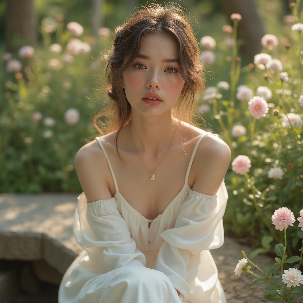 Prompt: Gainsboro color, soft pastel tone, gentle feminine atmosphere, delicate skin, subtle freckles, light brown hair, natural makeup, elegant white dress, flowing long skirt, relaxed pose, sitting on a stone bench, surrounded by blooming flowers, peaceful garden scenery, warm sunlight, soft focus, shallow depth of field, cinematic composition, filmic atmosphere.