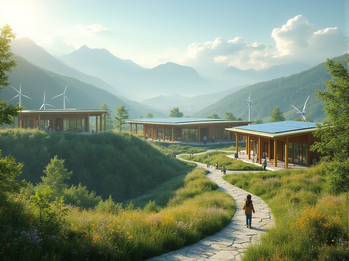 Prompt: Valley landscape, integrating school, modern architecture, green roofs, solar panels, wind turbines, eco-friendly, surrounded by lush green hills, misty mountains in the distance, winding stone paths, vibrant wildflowers, children playing outside, joyful atmosphere, warm natural light, soft focus, peaceful ambiance, serene composition.