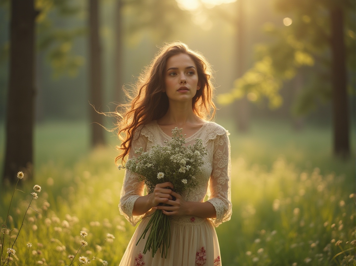 Prompt: Whimsical lady, flowing curly hair, gentle makeup, lace blouse, long skirt, floral pattern, holding a bouquet of wildflowers, standing in a lush meadow, surrounded by tall trees, misty atmosphere, warm sunlight filtering through the leaves, soft focus, shallow depth of field, vibrant colors, cinematic composition, romantic ambiance, dreamy expression.