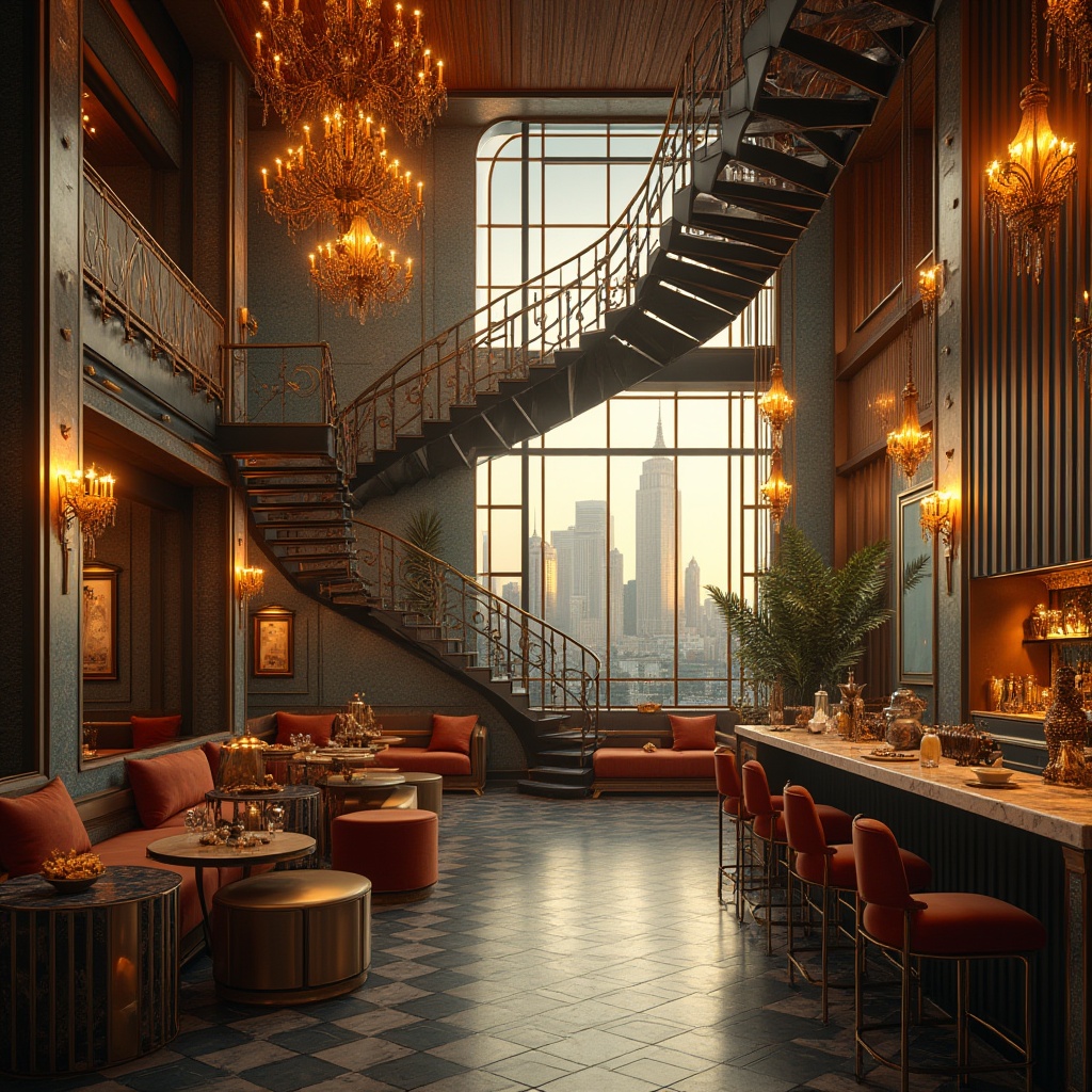 Prompt: Art Deco hostel, luxurious interior, incorporating corrugated metal, geometric patterns, metallic accents, ornate chandeliers, grand staircase, lavish furnishings, velvet sofas, marble countertops, abstract sculptures, cityscape view, urban landscape, skyscraper backdrop, warm golden lighting, 3/4 composition, shallow depth of field, cinematic ambiance.