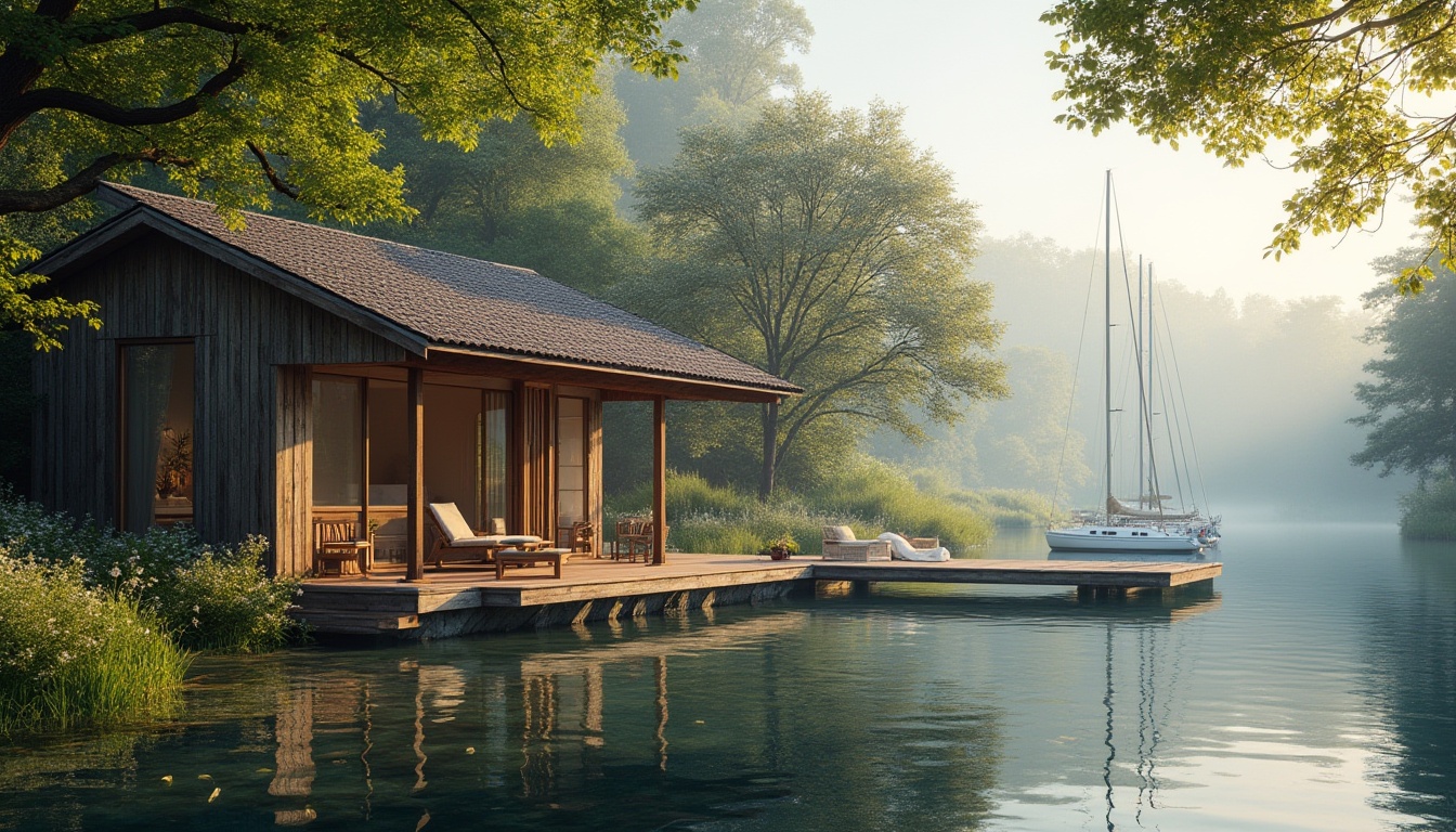 Prompt: Waterfront, boathouse, harmonious integration with nature, wooden structure, rustic texture, large windows, sliding glass doors, natural lighting, lush greenery surroundings, overhanging trees, blooming flowers, serene lake, calm water reflections, few sailboats docked, warm afternoon sun, soft misty atmosphere, 3/4 composition, panoramic view, depth of field, cinematic ambiance, peaceful retreat.