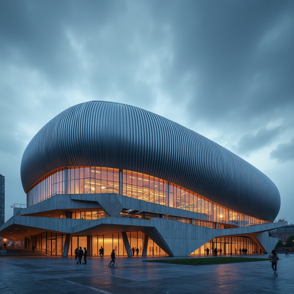 Prompt: Modern stadium, corrugated iron exterior, curved lines, metallic texture, silver-gray color, sleek, futuristic, angular shapes, cantilevered roof, large glass windows, bright interior lighting, concrete foundation, urban landscape, cityscape background, low-angle shot, dramatic shadows, high-contrast lighting, architectural photography.