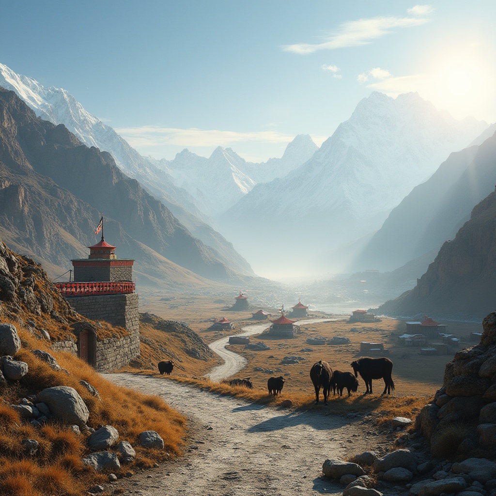 Prompt: High-altitude plateau, rugged terrain, vast open space, rarefied air, snow-capped mountains, Tibetan prayer flags, yak grazing, nomadic tents, misty atmosphere, warm sunlight casting long shadows, intricate rock formations, sparse vegetation, winding dirt paths, ancient ruins, worn stone walls, rusty iron gates, weathered wooden bridges, serene and peaceful ambiance, cinematic composition, 3/4 view, soft focus, natural lighting.