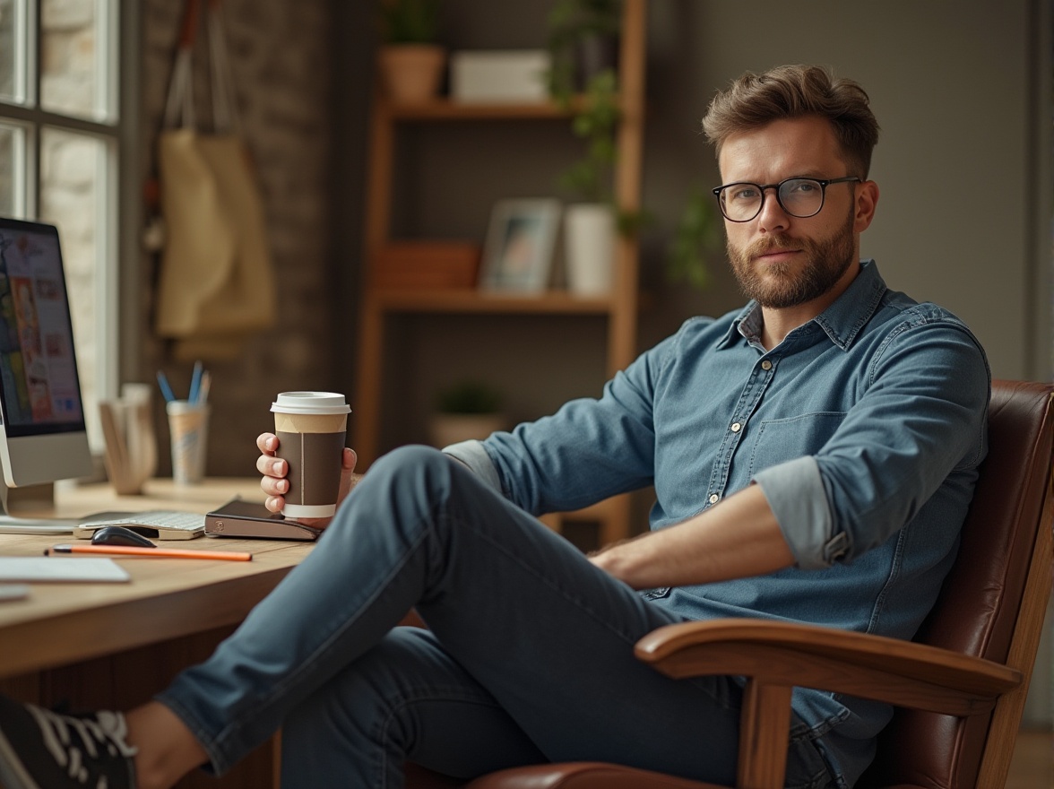 Prompt: Brown wooden desk, modern office setting, mature male designer, 30s, beard, glasses, brown hair, casual wear, denim shirt, dark jeans, sneakers, holding a cup of coffee, leaning back on the chair, focused expression, natural daylight, warm and cozy atmosphere, shallow depth of field, soft focus on the background, earthy tone, realistic texture.