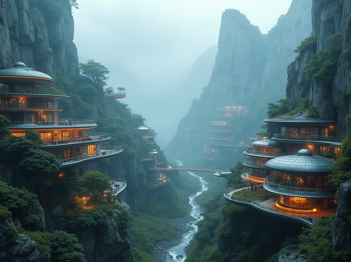 Prompt: Mountainous valley, futuristic architecture, sleek lines, metallic materials, glass facades, neon lights, misty atmosphere, fog rolling in, lush greenery, towering trees, winding roads, scenic viewpoints, dramatic cliffs, waterfalls cascading down, rocky terrain, unique rock formations, avant-garde sculptures, minimalist design, modern art installations, vibrant color accents, warm lighting, 3/4 composition, cinematic depth of field, high-angle shot, panoramic view.