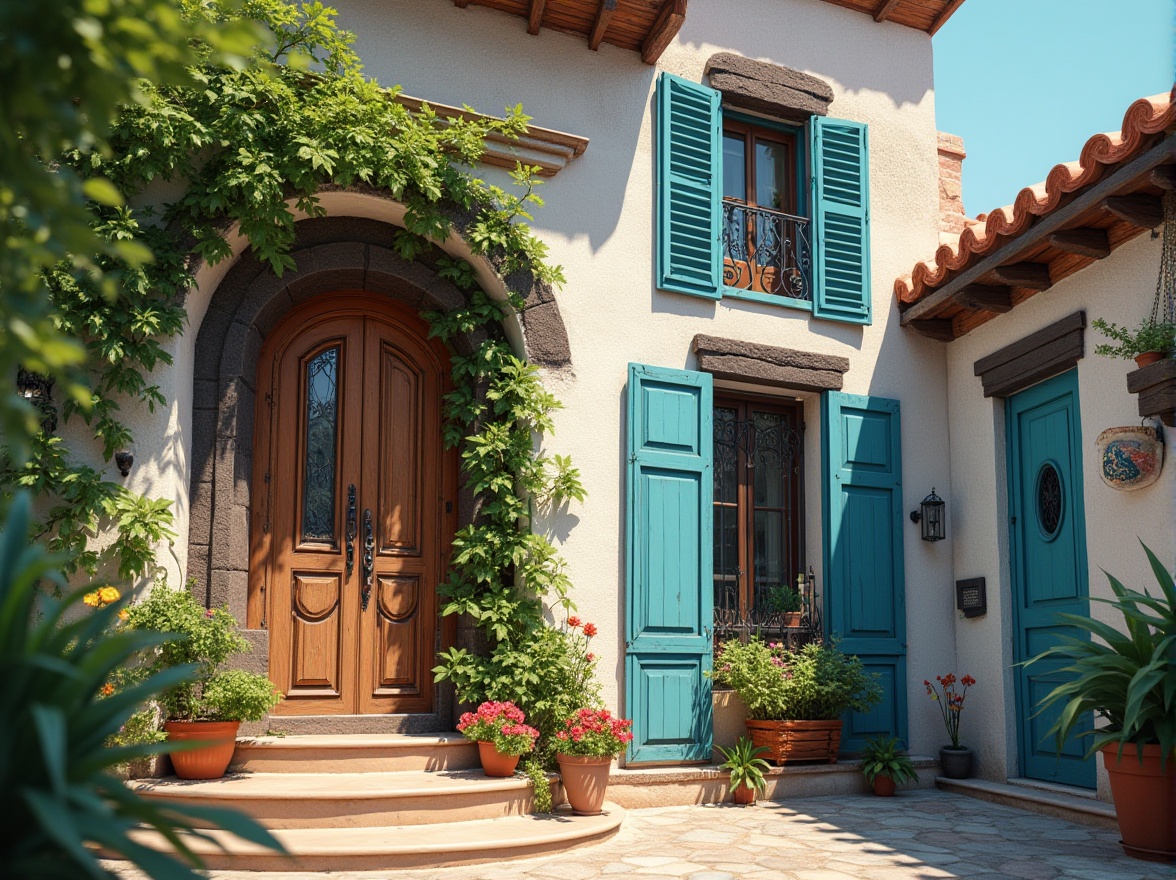 Prompt: Regionalism style home, blue accents, rustic wooden door, white stucco walls, terracotta roof tiles, curved lines, ornate ironwork, Mediterranean-inspired, lush greenery, vines crawling up the walls, potted plants on the balcony, turquoise shutters, sunny afternoon, warm lighting, soft focus, shallow depth of field, gentle shadows, earthy tones, natural materials, textured stucco, weathered wood, cozy atmosphere.