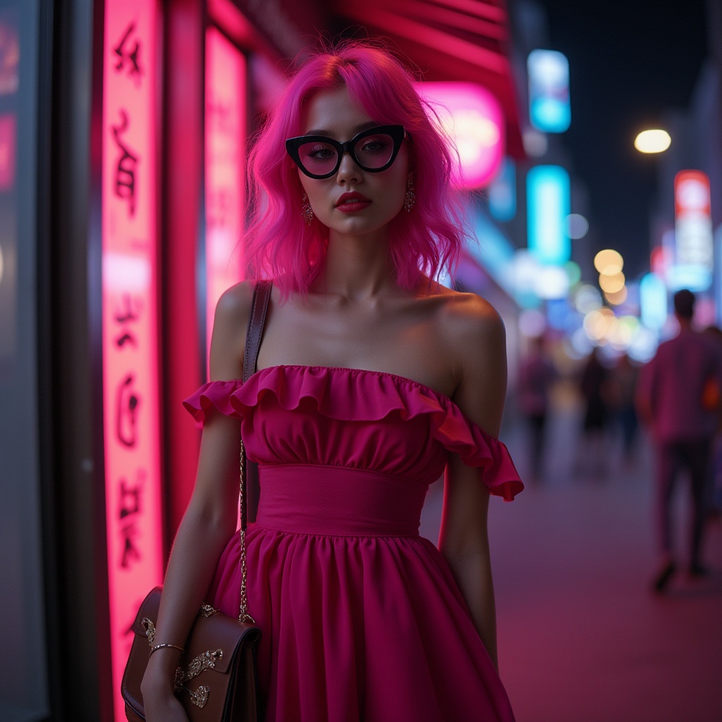 Prompt: Vibrant fuchsia, bold statement, trendy young woman, bright pink hair, stylish cat eye glasses, glamorous smoky eyes, rosy cheeks, bold red lips, chic off-the-shoulder dress, corset waist, flowy skirt, high heels, fashionable handbag, confident pose, urban cityscape, neon lights, modern architecture, low-angle shot, dramatic shadows, high contrast, cinematic color grading.