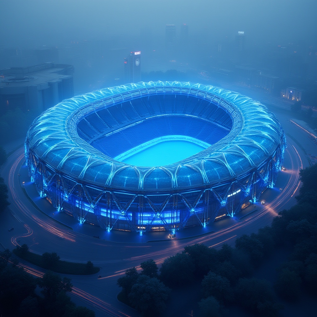 Prompt: Stadium architecture, futuristic design, blue glass exterior, gleaming metallic framework, vibrant blue LED lights, dynamic curves, sleek lines, modern materials, urban landscape, cityscape, aerial view, low-angle shot, dramatic lighting, evening atmosphere, misty fog, atmospheric perspective.