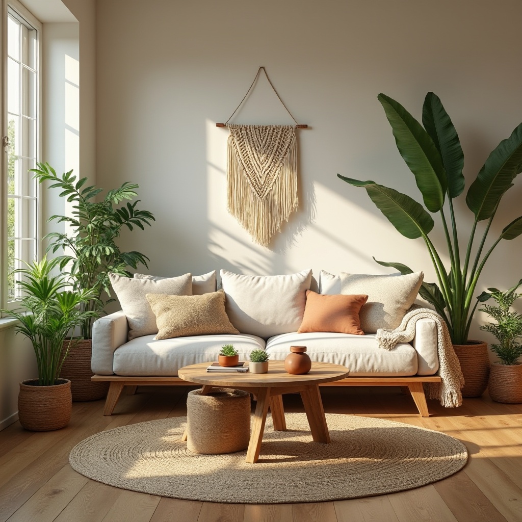 Prompt: Cozy living room, organic design, earthy tone, wooden floor, woven jute rug, lush greenery, potted plants, macrame wall hanging, natural textiles, linen sofa, reclaimed wood coffee table, minimalist decor, warm softbox lighting, 3/4 composition, inviting atmosphere, serene ambiance, morning sunlight, peaceful retreat.