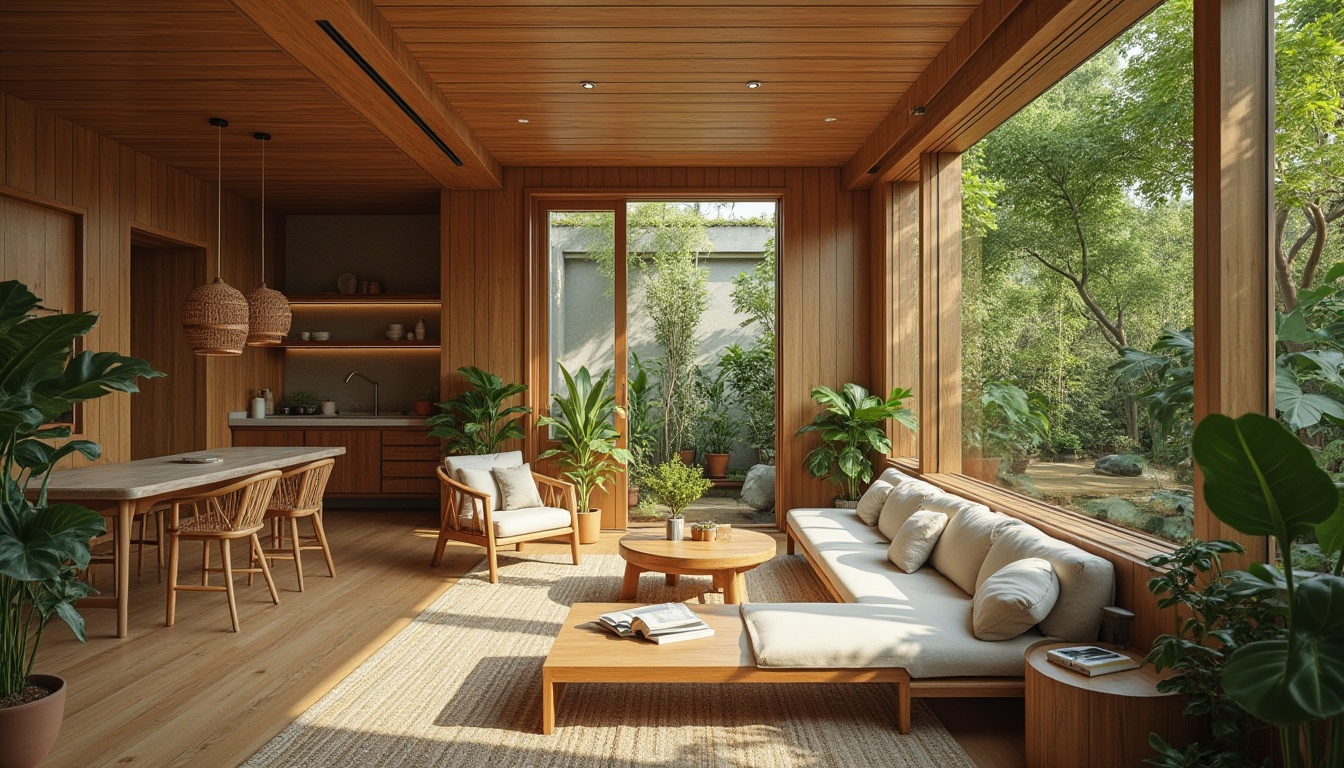 Prompt: Eco-friendly hostel, minimalism, wooden accents, recycled materials, energy-efficient lighting, solar panels, green roof, vertical garden, natural ventilation, reused furniture, bamboo flooring, earthy color palette, cozy atmosphere, communal living area, shared kitchen, hanging plants, natural textiles, rattan decorations, warm ambient lighting, morning sunlight.