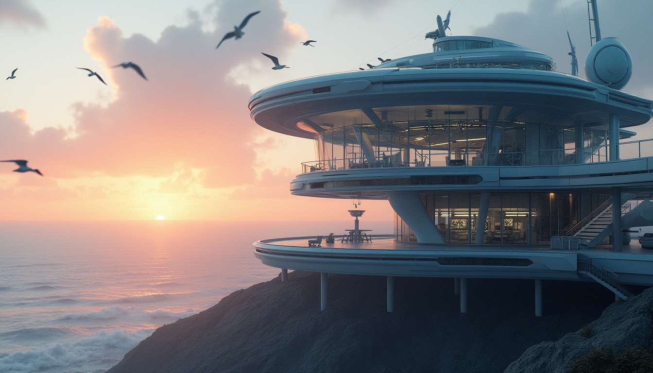 Prompt: Futuristic coastal watching tower, modern architecture, sleek lines, metallic materials, glass walls, panoramic ocean views, spiral staircase, minimalist interior design, LED lighting, solar panels, wind turbines, radar systems, communication arrays, futuristic control room, large screens displaying real-time data, 3D holographic projections, advanced weather monitoring system, storm surge protection, sustainable energy harvesting, modular design for easy maintenance, elevated walkways with ocean views, seagulls flying overhead, dramatic sunset lighting, misty morning atmosphere, cinematic composition, 4K resolution.