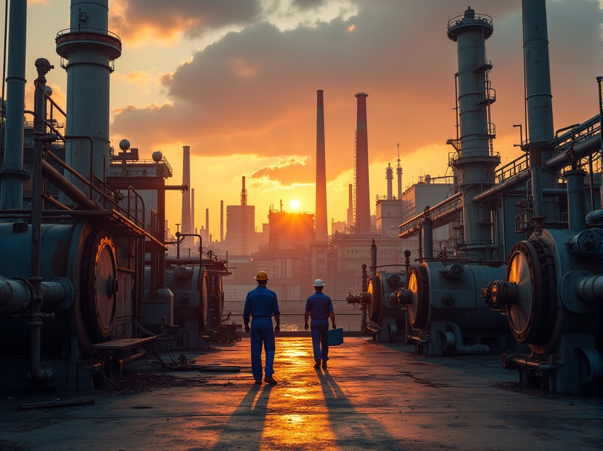 Prompt: Industrial area, sunset time, warm orange lighting, metal pipes and valves, concrete floor, rusty machinery, factory buildings with large windows, cranes and pulleys, tall chimneys emitting smoke, workers in blue overalls, hard hats and gloves, holding toolboxes, standing near massive generators, background of urban cityscape, cloudy sky with a few streaks of sunlight, cinematic composition, high contrast, dramatic lighting.