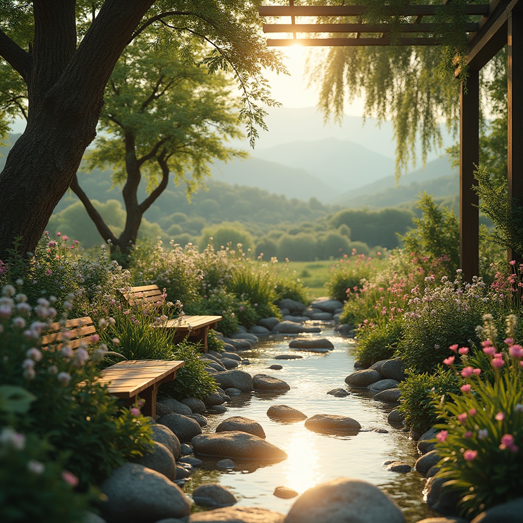 Prompt: Soothing outdoor healing space, lush greenery, vibrant flowers, gentle water features, natural stone benches, wooden pergola, calming color palette, serene ambiance, warm sunlight filtering through trees, soft focus, shallow depth of field, peaceful atmosphere, nature sounds, birds chirping, gentle breeze, scenic views, rolling hills, distant mountains, misty morning, warm afternoon light.