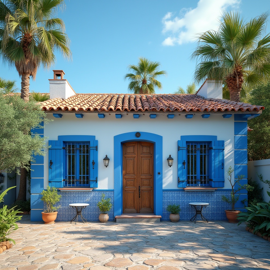 Prompt: Regionalism style home, blue exterior walls, white window frames, clay roof tiles, curved lines, Mediterranean architecture, warm sunny day, clear blue sky, lush greenery surrounding, palm trees swaying gently, bright blue shutters, ornate iron door handles, rustic wooden doors, natural stone pavement, vibrant blue ceramics, decorative azulejo tiles, cozy outdoor seating area, serene atmosphere, soft afternoon light, 3/4 composition.