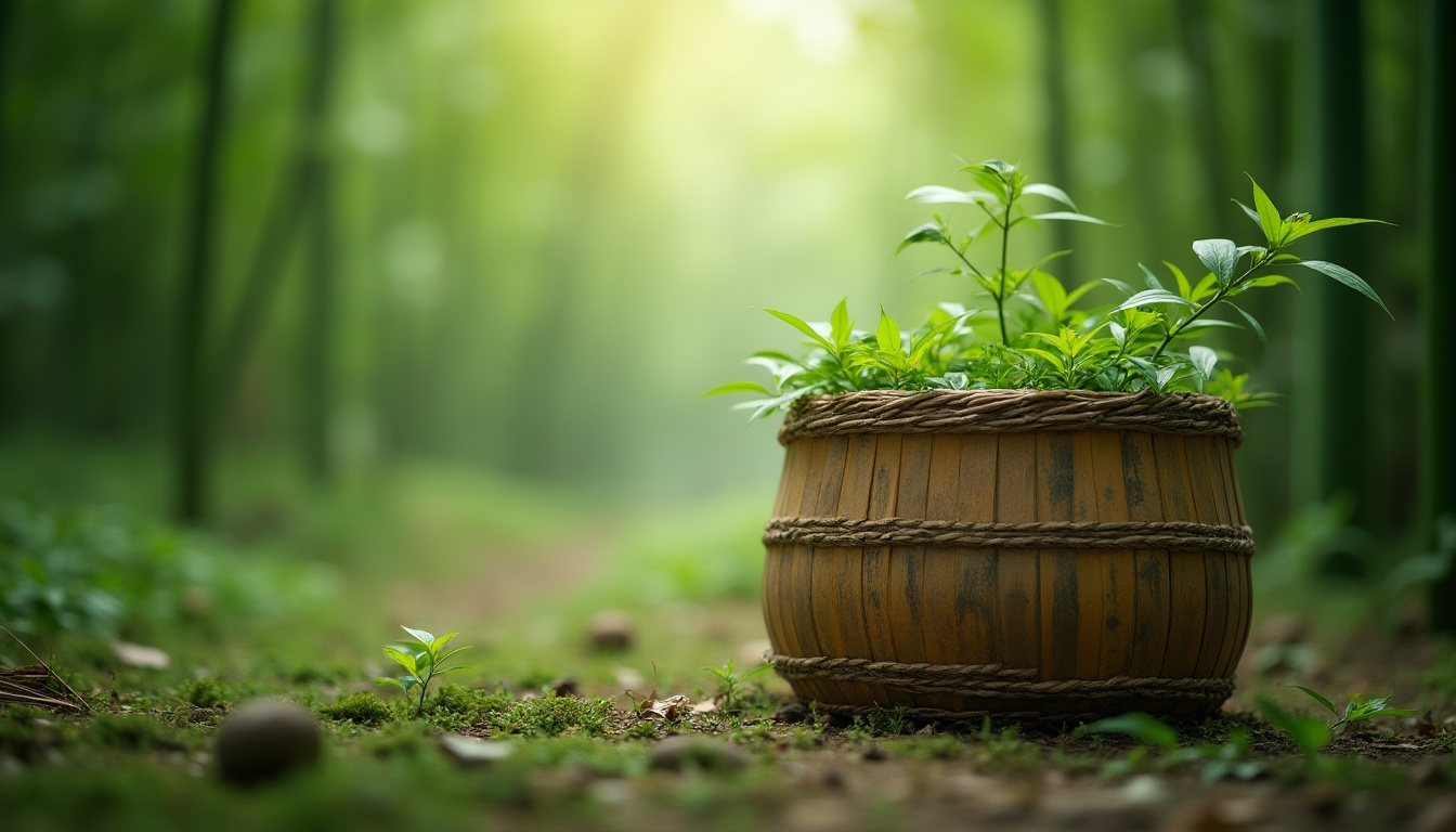 Prompt: Bamboo material, eco-friendly, sustainable, natural texture, woven pattern, green color, organic feel, earthy tone, rustic vibe, woven basket, bamboo forest, misty morning, soft lighting, 3/4 composition, depth of field.