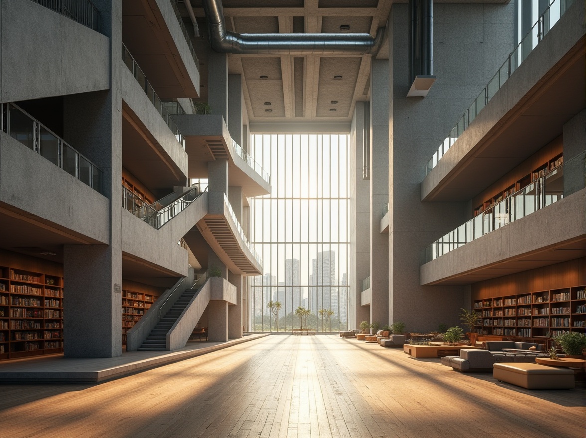 Prompt: Modern library, structuralism style, grand atrium, high ceilings, exposed ductwork, concrete walls, steel beams, wooden floors, minimalist decor, abundant natural light, floor-to-ceiling windows, cantilevered staircases, angular architecture, brutalist elements, urban setting, cityscape background, morning sun, soft shadows, subtle textures, symmetrical composition, 3/4 view, dramatic lighting.