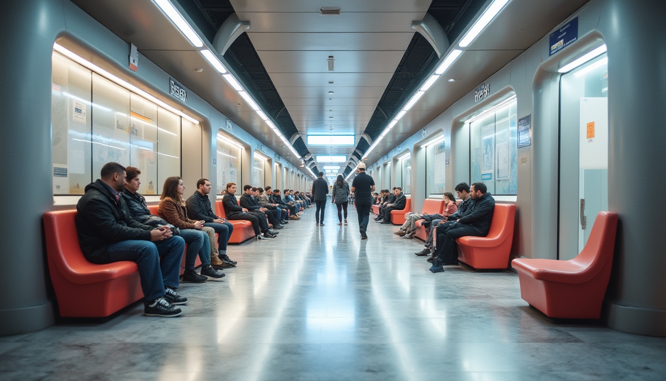 Prompt: Modern metro station interior, sleek futuristic design, polished marble flooring, silver metallic pillars, LED light strips, comfortable seating areas, rounded edges, minimalist aesthetic, soft diffused lighting, subtle texture contrast, durable stain-resistant upholstery, smooth matte walls, acoustic sound-absorbing materials, vibrant colored accents, urban feel, rush hour scene, busy commuters, dynamic composition, high-angle shot, cinematic mood.