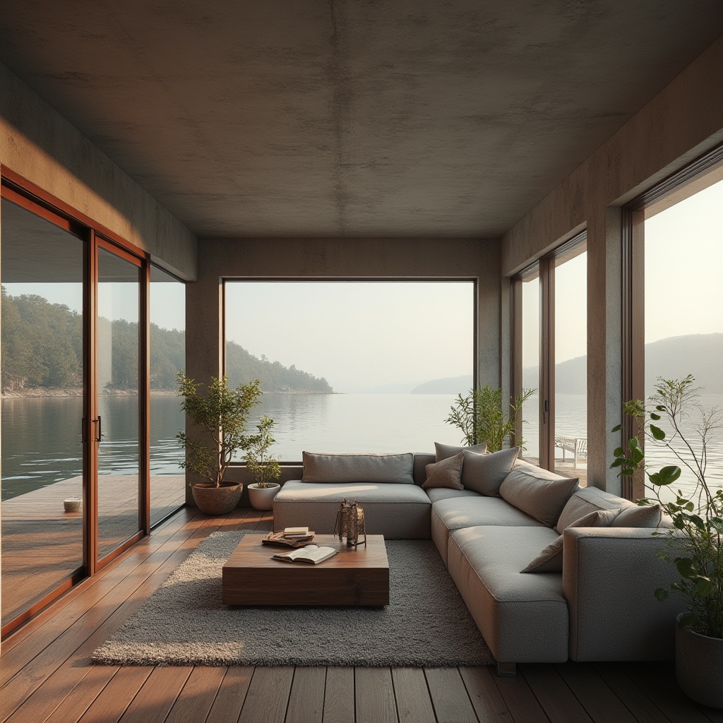 Prompt: Modern boathouse, lakeside, wooden dock, luxurious interior, plastered concrete walls, minimalist decor, floor-to-ceiling windows, panoramic view, natural lighting, cozy reading nook, plush sofa, rustic coffee table, vintage nautical decor, potted plants, soft pastel colors, ambient warm lighting, shallow depth of field, 3/4 composition, cinematic atmosphere.