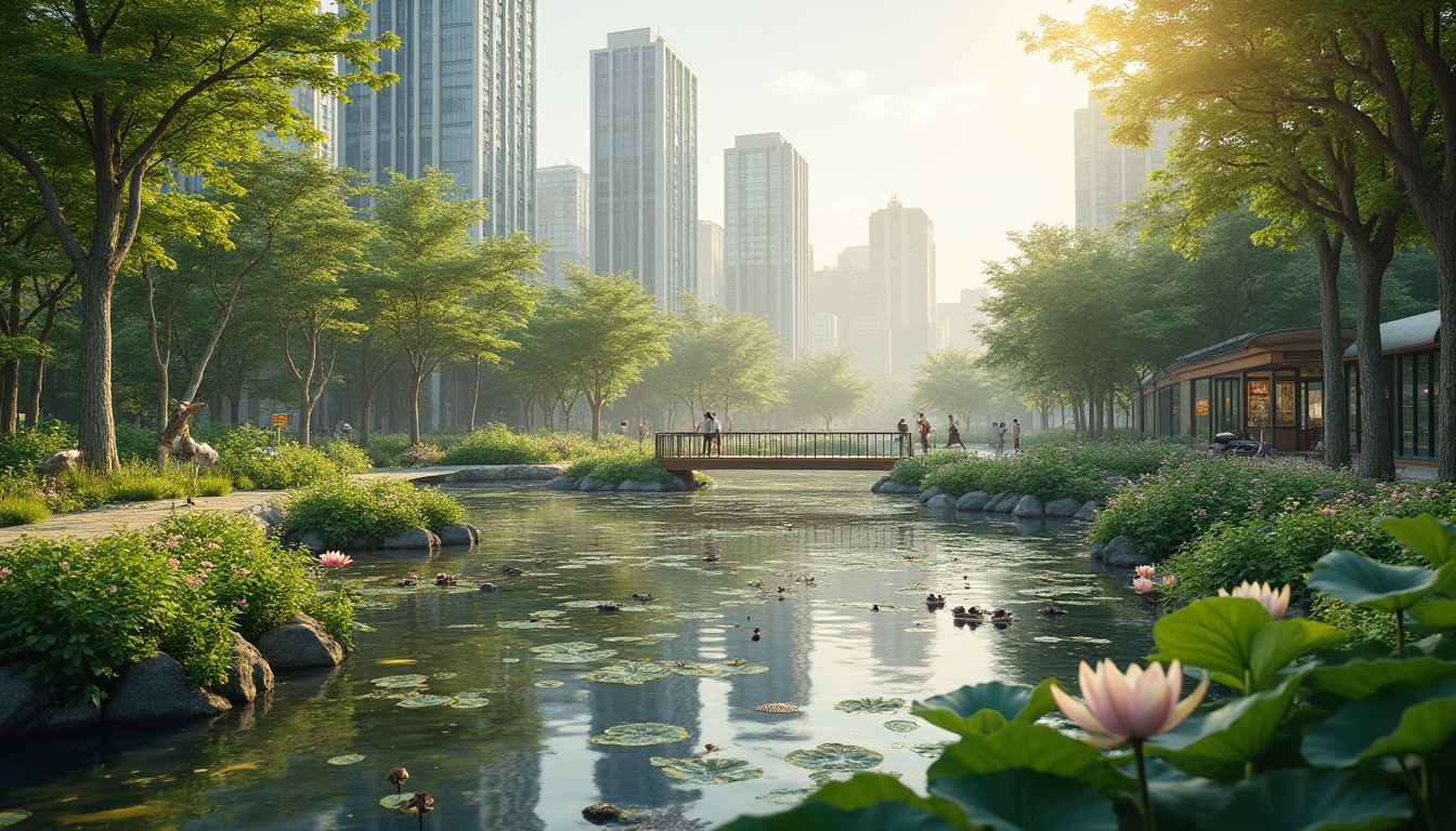 Prompt: Urban wetland design, modern city, skyscraper background, green space, natural habitat, diverse flora, fauna, birds, frogs, fish, water lilies, lotus flowers, walking path, wooden bridge, observation deck, educational signs, serene atmosphere, soft sunlight filtering through trees, warm colors, shallow water reflection, 3/4 composition, cinematic lighting, ambient sound of nature.