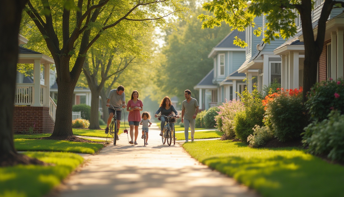 Prompt: Suburban community, residential area, small town, quiet neighborhood, tree-lined streets, sidewalks, bicycles, happy family, kids playing, mothers chatting, fathers walking dogs, white picket fences, colorful gardens, flowers blooming, green lawns, sunny afternoon, warm lighting, soft focus, 3/4 composition, depth of field, cinematic feel, peaceful atmosphere.