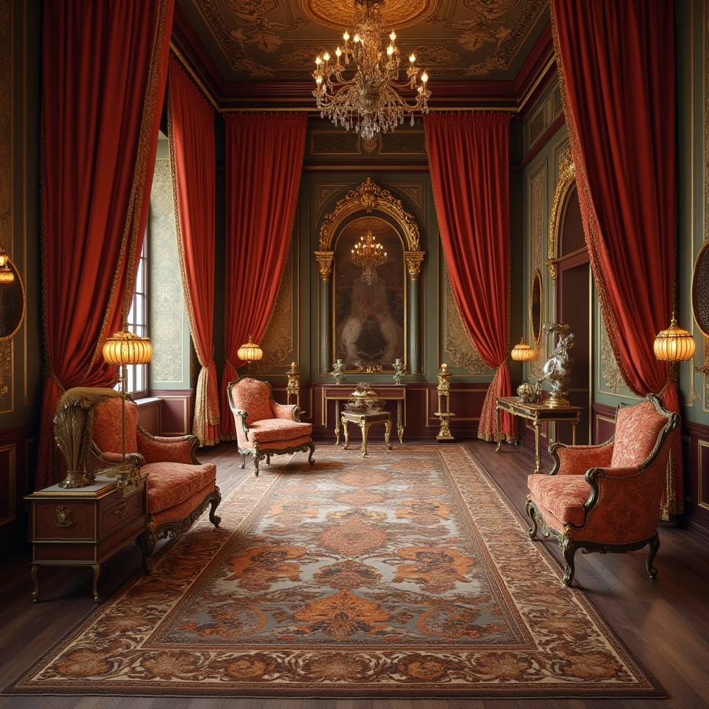 Prompt: Luxurious fabrics, intricate patterns, classic design, ornate textiles, velvet drapes, golden embroidery, brocade upholstery, richly detailed carpets, Renaissance-inspired wallpaper, Baroque-style furniture, carved wooden accents, ornamental mirrors, lavish chandeliers, opulent interior, warm soft lighting, 3/4 composition, shallow depth of field, cinematic ambiance.