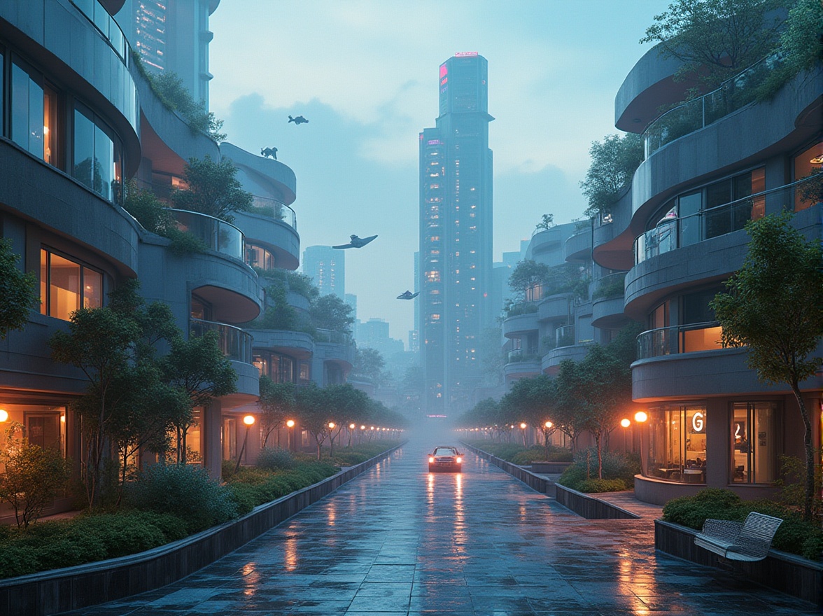 Prompt: Suburban futuristic neighborhood, curved lines, neon lights, sleek skyscrapers, hovering cars, holographic advertisements, virtual reality playgrounds, robotic maintenance workers, self-sustaining eco-homes, vertical gardens, winding pedestrian paths, levitating benches, glowing street lamps, 3D printed trees, soft misty atmosphere, ambient futuristic soundscape.