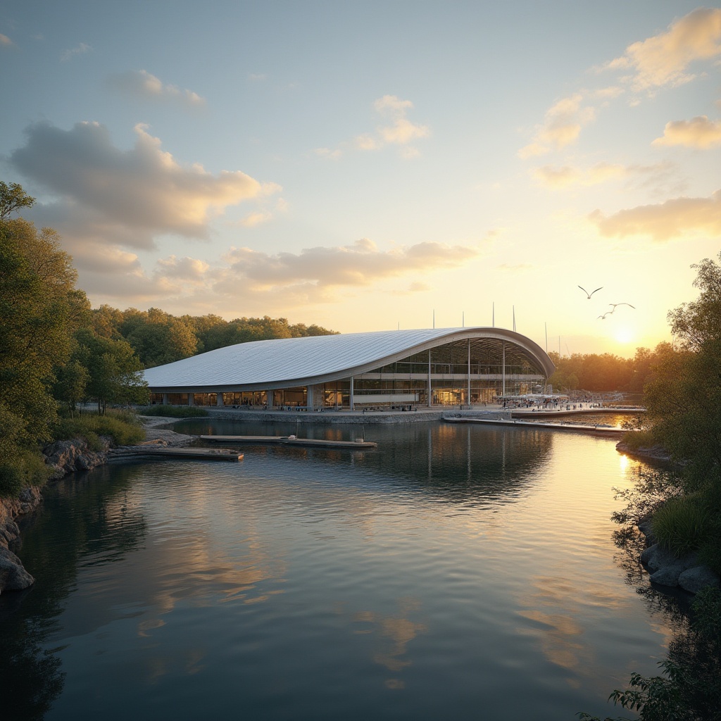 Prompt: Lakefront soccer stadium, modern architecture, curved lines, sleek design, sunset view, reflection on water, calm lake, surrounding trees, lush greenery, wooden docks, sailboats, seagulls flying overhead, soft warm lighting, panoramic view, 3/4 composition, HDR, shallow depth of field.