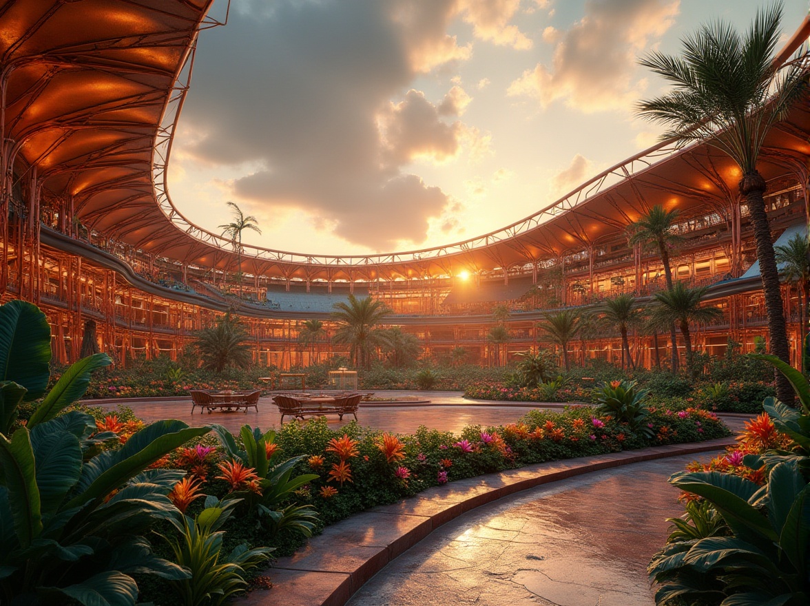 Prompt: Copper accents, modern savanna stadium, innovative architecture, sleek curves, warm golden lighting, African-inspired patterns, lush greenery, tropical plants, vibrant colorful flowers, intricate copper wiring, unique metallic structure, dynamic angles, 3/4 composition, low-angle shot, panoramic view, dramatic cloudy sky, sunset ambiance, warm atmospheric light, realistic textures.