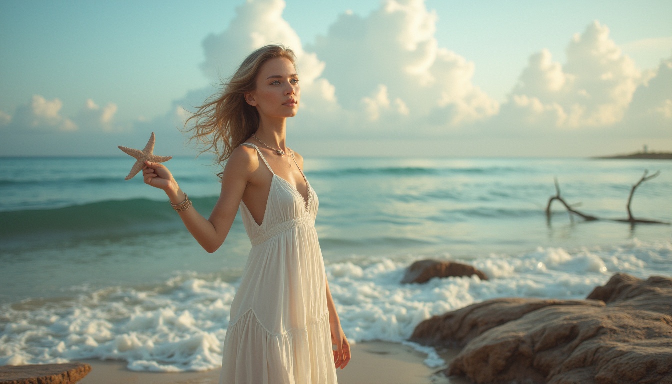 Prompt: Seaside lady, wavy long hair, ocean-blue eyes, natural makeup, relaxed posture, flowy white dress, sandals, seashell necklace, holding a starfish, standing on rocky coast, gentle sea breeze, dramatic sky with puffy clouds, warm sunlight, beachy texture, driftwood, seaweed-covered rocks, calm waves crashing, serene atmosphere, soft focus, cinematic composition.