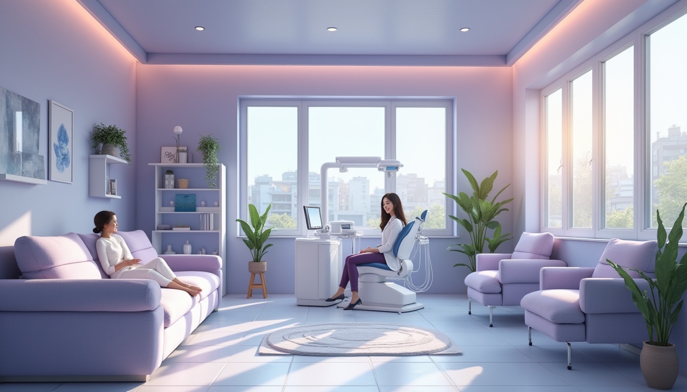 Prompt: calm dental clinic, soothing atmosphere, lavender blue walls, gentle furniture, comfortable waiting area, patients relaxing, subtle patterned flooring, soft indirect lighting, minimalist decorations, few green plants, modern dental chairs, sleek equipment, dentist in white coat, friendly smile, gentle hands, professional attitude, natural light pouring through large windows, urban view outside, morning sunlight, shallow depth of field, pastel colors, calming ambiance, serene composition.