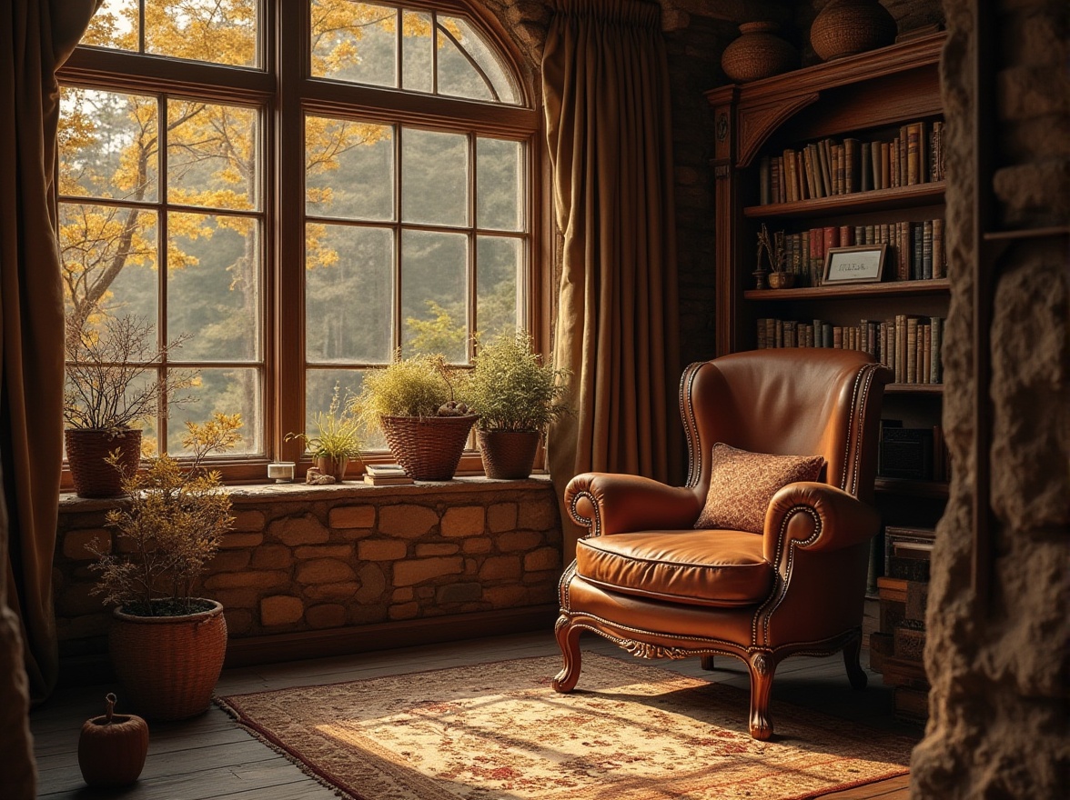 Prompt: Brown color, earthy tone, natural atmosphere, wooden texture, rustic material, vintage feel, distressed effect, rough surface, warm ambient lighting, cozy composition, autumnal scenery, forest landscape, fallen leaves, tree branches, natural stone wall, woven basket, leather armchair, antique furniture, classic bookshelf, sepia toned photograph, nostalgic mood.