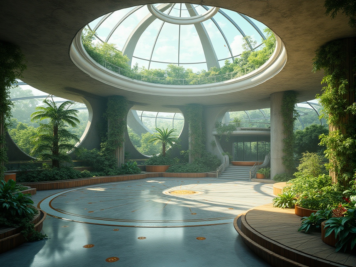 Prompt: Sustainable planetarium, futuristic fusion architecture, dome-shaped, green roof, solar panels, wind turbines, recyclable materials, energy-efficient systems, lush greenery, vines crawling up walls, natural light pouring in through skylights, geometric patterns on floor and ceiling, holographic projections, 3/4 composition, soft ambient lighting, panoramic view.