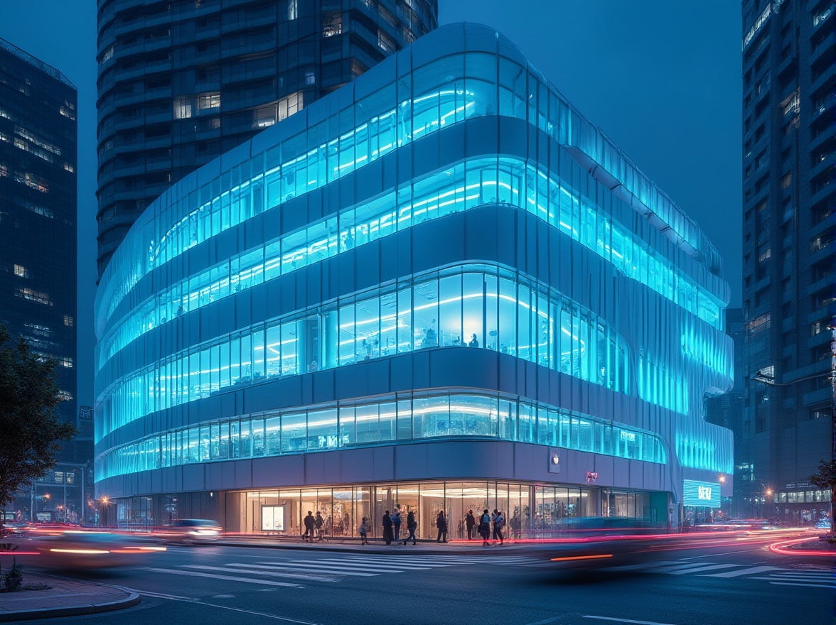 Prompt: Powder blue building, futuristic architecture, sleek lines, metallic materials, glass facade, reflective surfaces, minimalist interior design, powder blue accents, neon lights, urban cityscape, night scene, skyscraper, modern city, busy streets, people walking by, blurred motion, shallow depth of field, cinematic composition, HDR lighting.