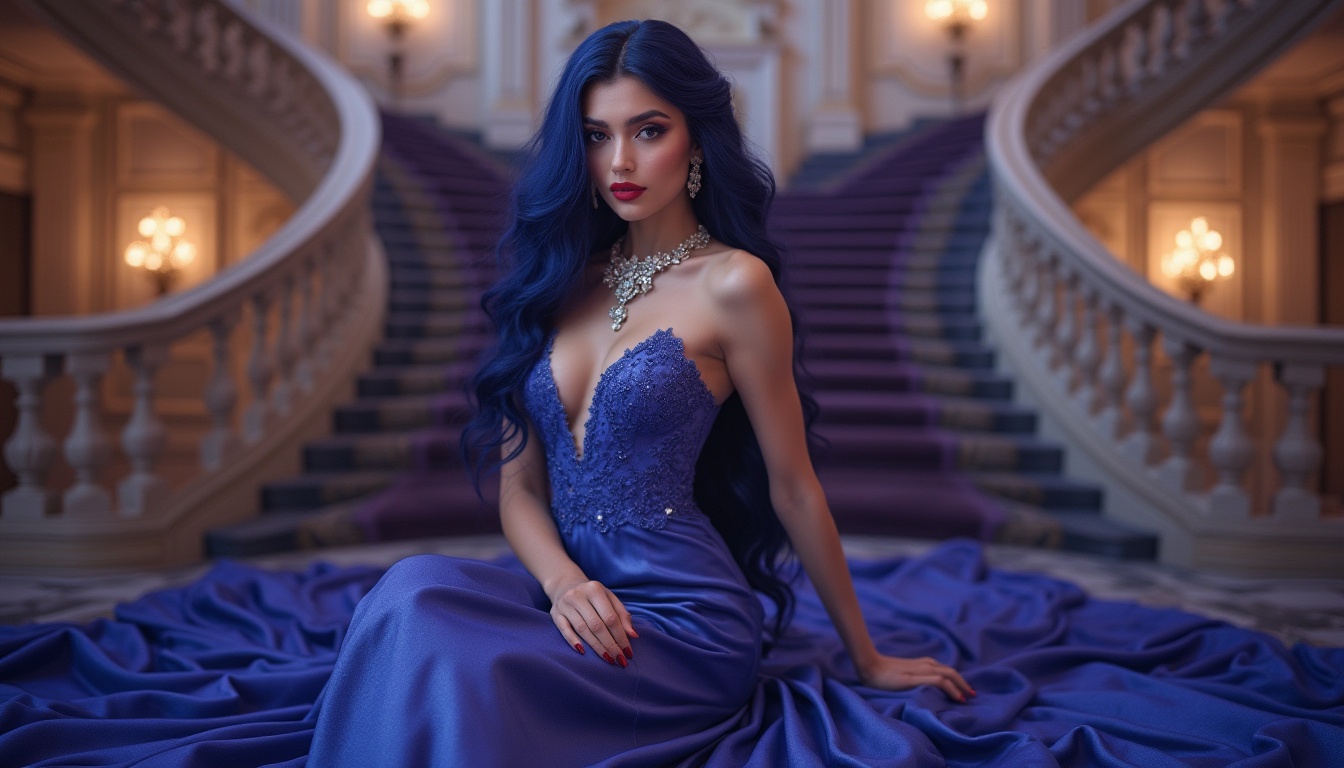 Prompt: Blue violet dominant color, intricate design patterns, luxurious fabrics, elegant woman, 25yo, slender figure, long curly blue-violet hair, bold smoky eyes, glamorous makeup, red lips, diamond necklace, satin evening gown, flowing train, high heels, ornate decorations, lavish interior, crystal chandelier, grand staircase, soft focus, warm lighting, shallow depth of field, romantic atmosphere, 3/4 composition.