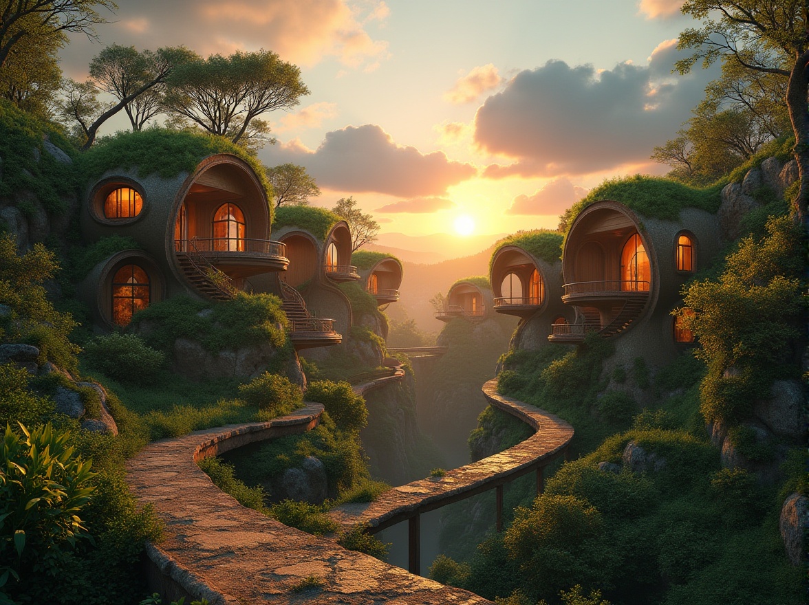 Prompt: Savanna-inspired, organic architecture, futuristic, curved lines, natural materials, wooden accents, green roofs, lush vegetation, vines crawling up walls, earthy tones, warm ambient light, soft shadows, dramatic sky with scattered clouds, sunset hour, warm golden light, subtle mist, atmospheric perspective, 3/4 composition, shallow depth of field, cinematic mood, harmony between nature and structure.