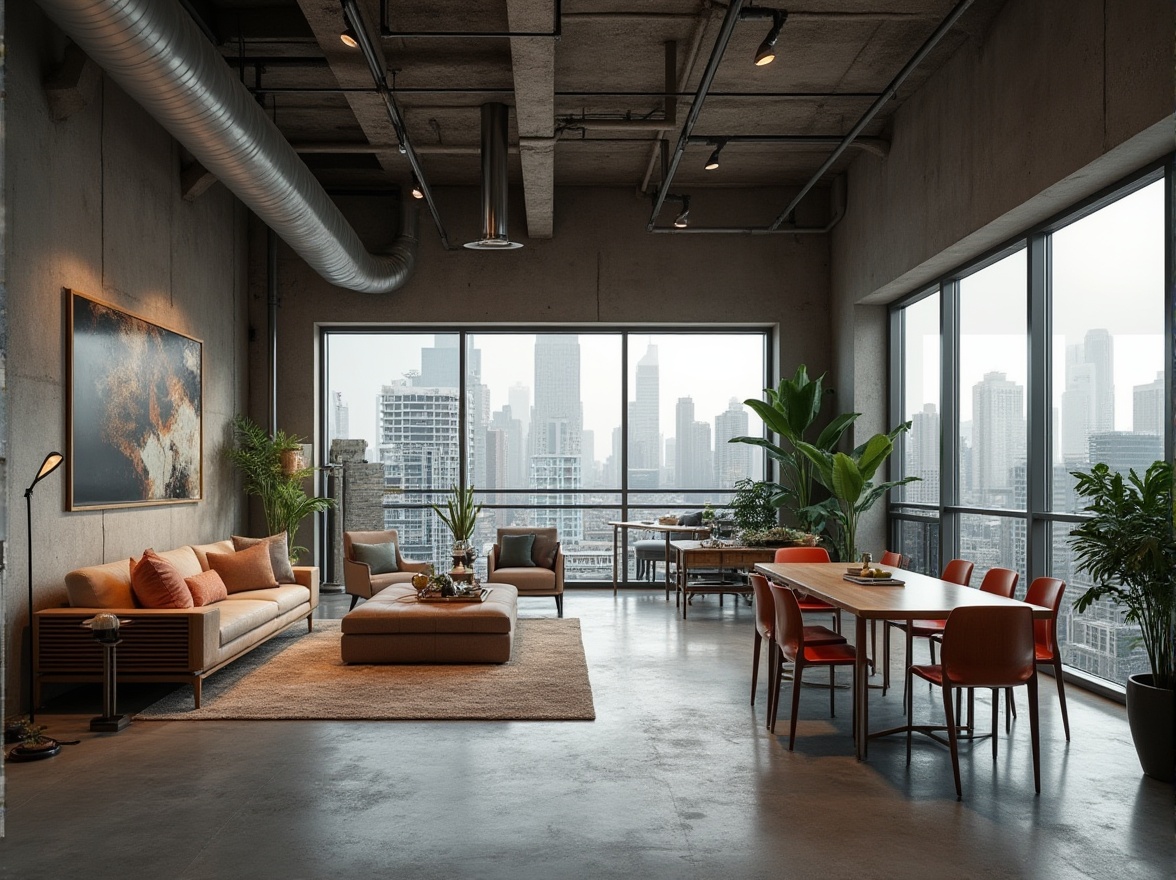 Prompt: Modern urban loft, industrial chic, high ceiling, exposed ductwork, concrete flooring, minimalist decor, reclaimed wood accents, floor-to-ceiling windows, cityscape views, sleek low-profile furniture, metallic tone lighting fixtures, abstract artwork, greenery walls, brutalist architecture, atmospheric softbox lighting, 3/4 composition, panoramic view.