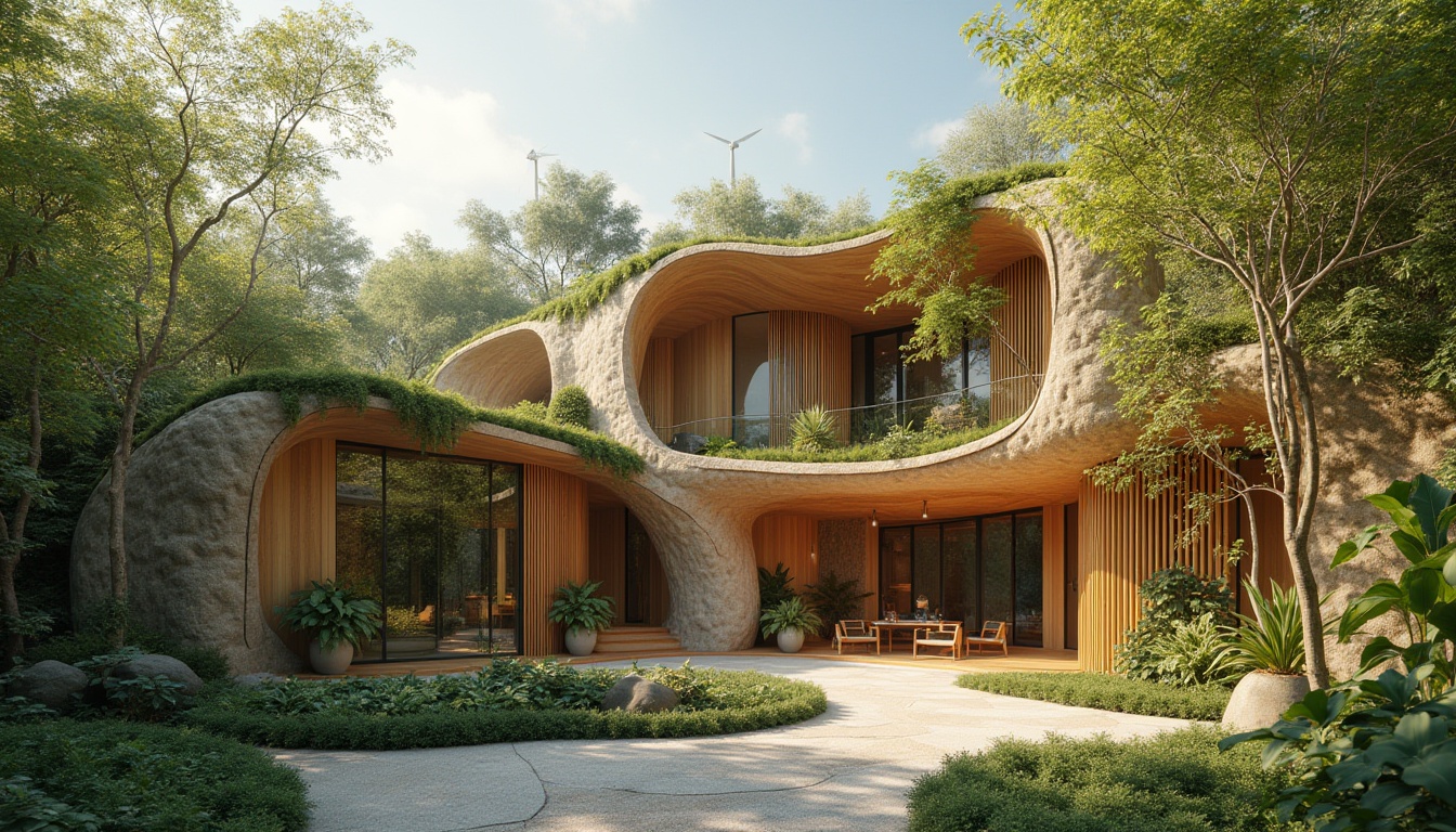 Prompt: Organic architecture, sustainable materials, eco-friendly, natural stone, reclaimed wood, bamboo, living walls, green roofs, solar panels, wind turbines, earthy tone, curved lines, flowing shapes, open spaces, minimalism, modern design, Scandinavian style, minimalist decor, potted plants, vines crawling up walls, lush greenery, sunny day, warm lighting, soft focus, shallow depth of field.