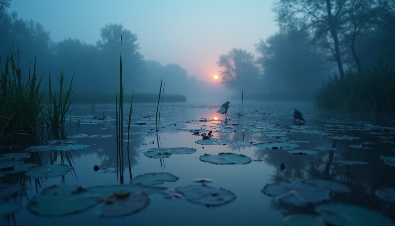 Prompt: Wetland, indigo color, bold choice, water reflections, lily pads, cattails, murky waters, misty atmosphere, dawn or dusk lighting, warm and soft ambient light, 3/4 composition, natural textures, plants with subtle details, shallow depth of field, cinematic mood, HDR effect, fish eye lens, mysterious ambiance.