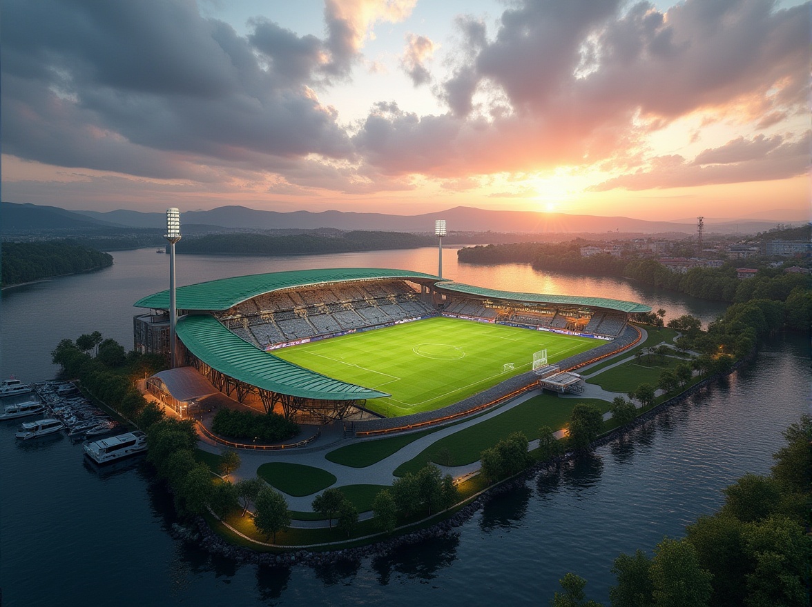 Prompt: Lakefront soccer stadium, modern architecture, sleek lines, glass facade, steel structure, green roof, tiered seating, floodlights, evening game atmosphere, sunset over lake, calm water reflection, sailboats docked nearby, lush vegetation, walking trails, scenic overlooks, dramatic clouds, soft warm lighting, panoramic view, 3/4 composition, realistic rendering.