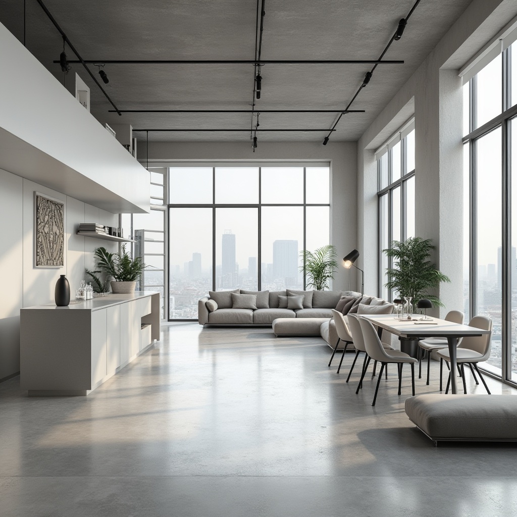 Prompt: Modern interior design, functional spaces, minimalist aesthetic, sleek lines, monochromatic color scheme, industrial materials, polished concrete floor, white walls, floor-to-ceiling windows, abundant natural light, modern furniture, geometric shapes, built-in shelving, hidden storage, open-plan layout, urban loft atmosphere, cityscape view, abstract artwork, metallic accents, soft ambient lighting, 3/4 composition, shallow depth of field.