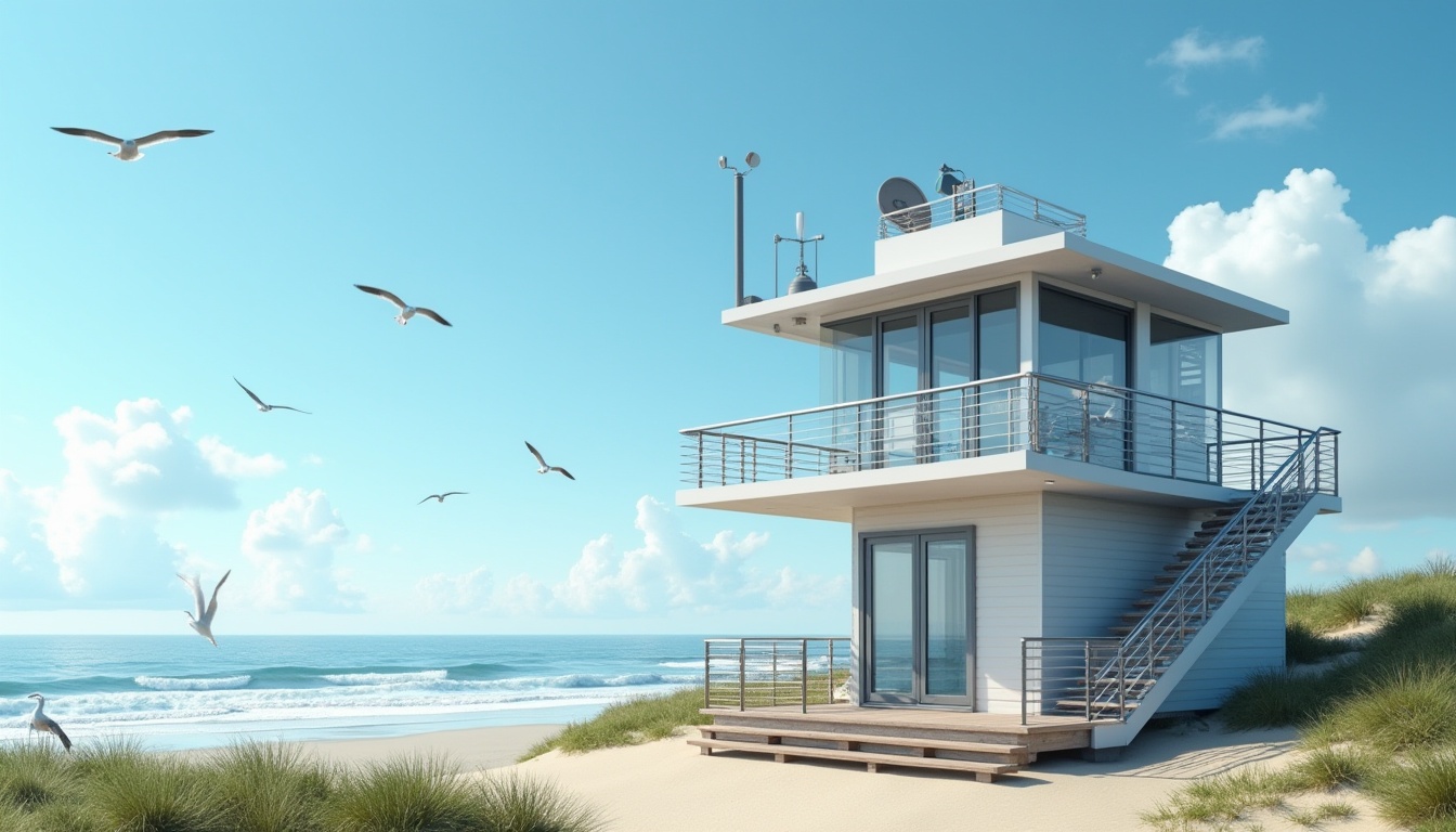 Prompt: Coastal watching towers, modern architecture, sleek lines, white walls, large windows, observation deck, binoculars, spotlights, radar systems, communication equipment, metallic ladders, stairs, glass railings, wooden floors, nautical theme, beachside location, sunny day, clear blue sky, seagulls flying overhead, waves crashing against the shore, sandy dunes, lush green vegetation, panoramic view, 3/4 composition, natural lighting.