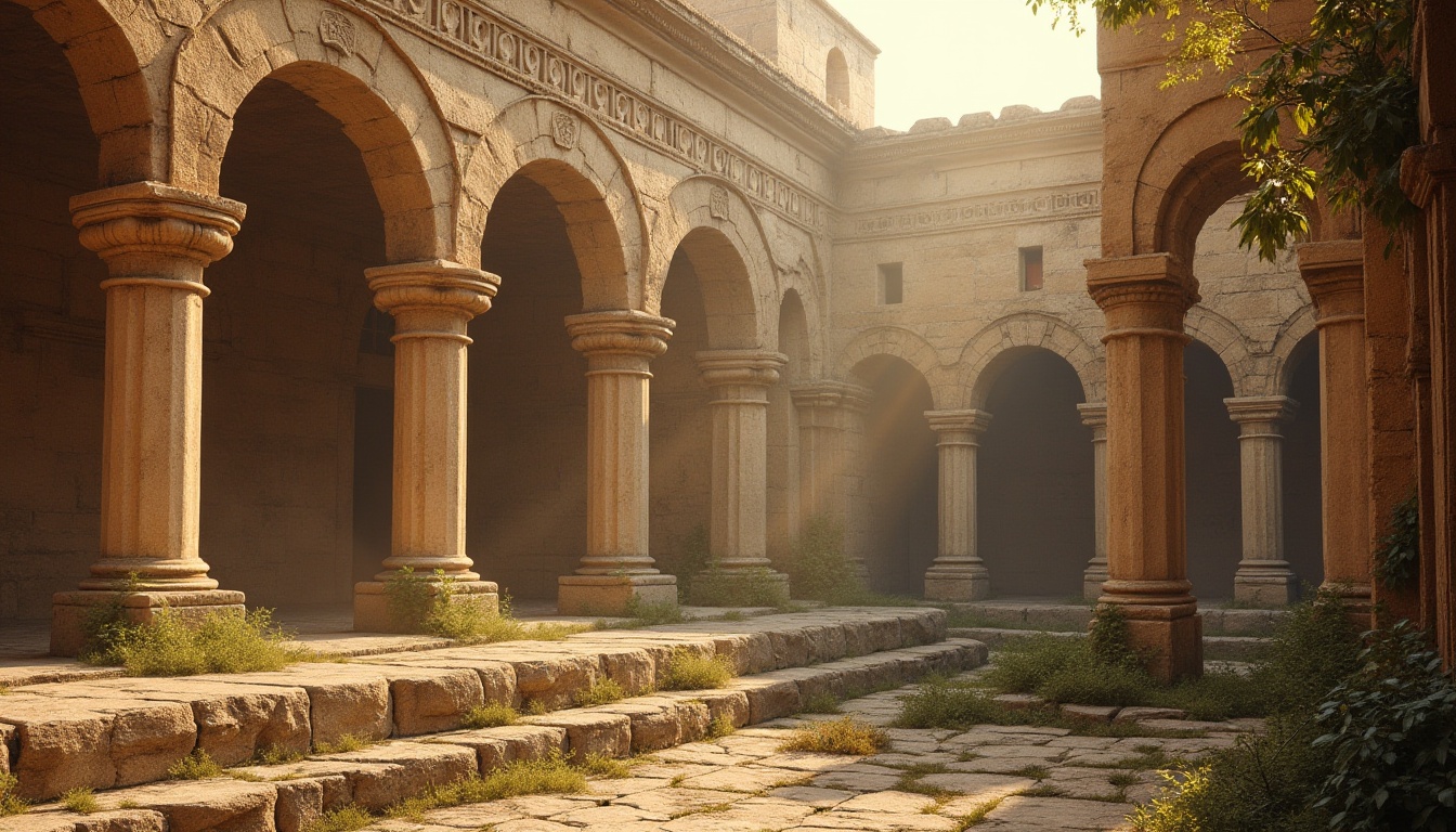 Prompt: Sandstone building, ancient architecture, rustic texture, warm beige color, ornate carvings, grand pillars, intricate arches, medieval style, abandoned ruins, overgrown with vines, misty morning atmosphere, soft golden lighting, 3/4 composition, shallow depth of field, realistic rendering.