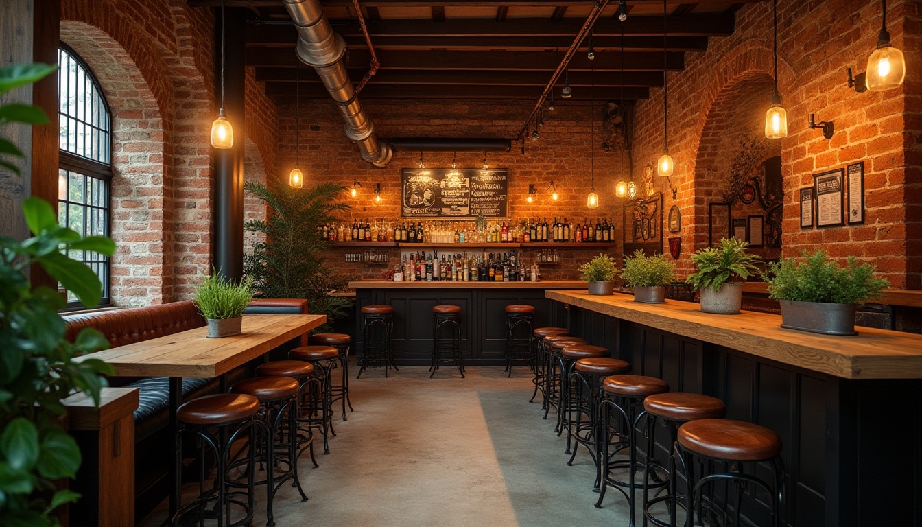 Prompt: Modern pub interior, incorporating brick material, warm yellow lighting, exposed brick walls with mortar joints, wooden beams, industrial pipes, vintage metal signs, rustic wooden tables, leather stools, potted green plants, dimmable pendant lamps, concrete floor, urban atmosphere, cozy ambiance, shallow depth of field, 3/4 composition, soft focus, filmic texture.