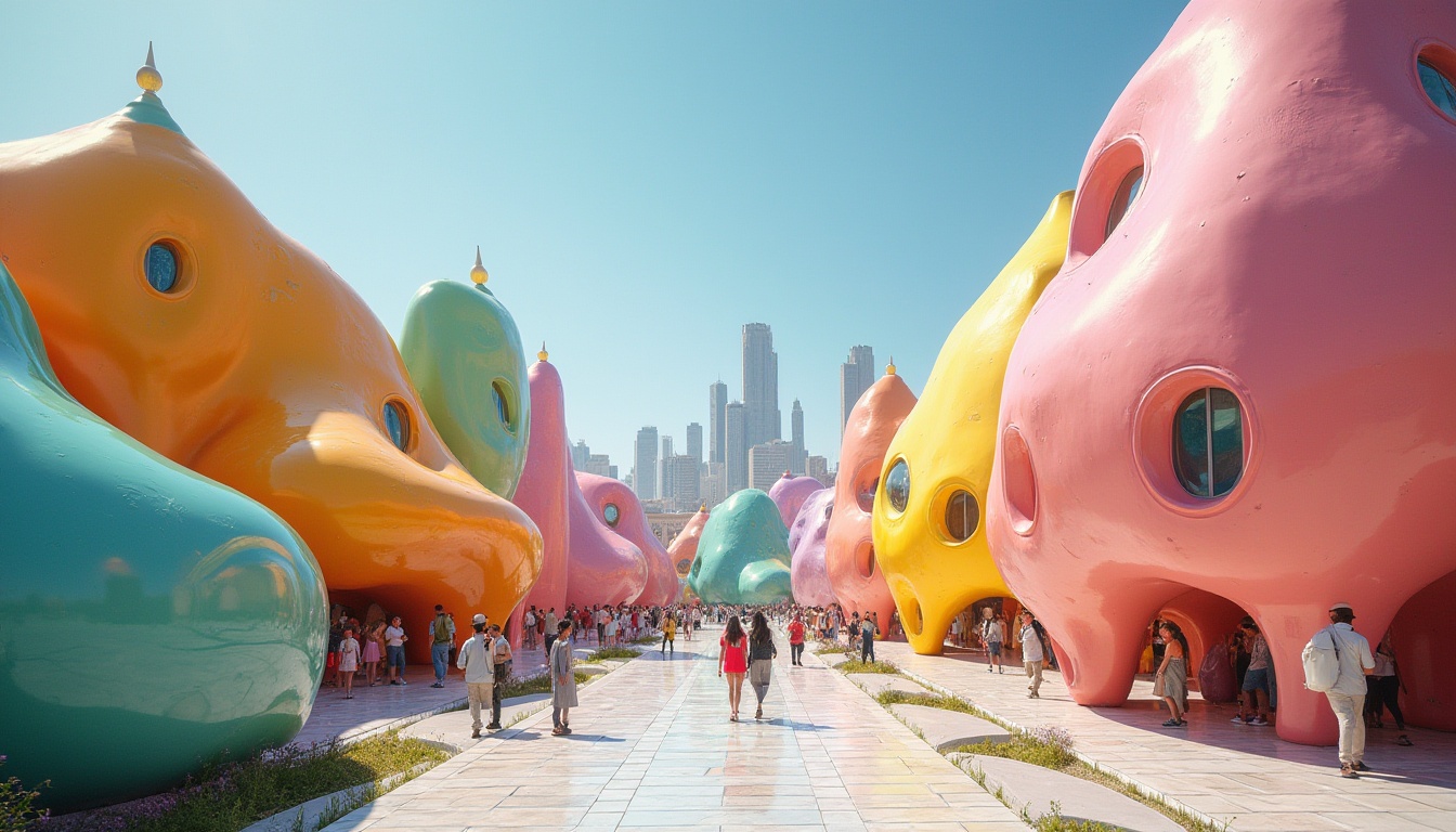 Prompt: Blob-like buildings, futuristic architecture, irregular shapes, vibrant colors, glossy surfaces, rounded edges, playful structures, whimsical atmosphere, cityscape, urban setting, sunny day, clear blue sky, people walking around, interesting angles, close-up shots, 3/4 composition, softbox lighting, HDR effect.