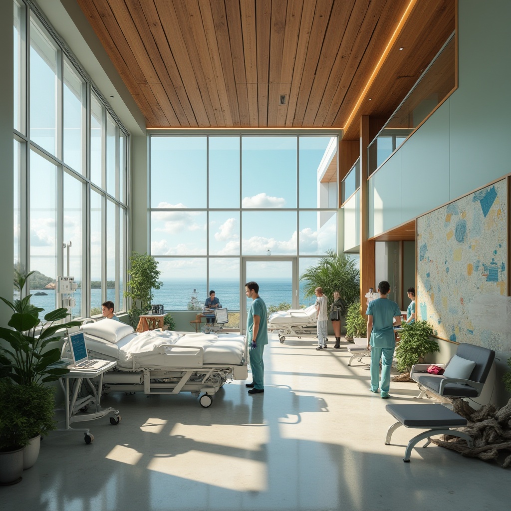 Prompt: Coastal healthcare facility, modern architecture, large windows, ocean views, sustainable materials, reclaimed wood, solar panels, green roofs, natural ventilation, minimal waste, eco-friendly furniture, hospital beds with built-in sensors, medical equipment made from recycled plastic, doctors and nurses in scrubs, masks, gloves, stethoscopes, medical charts on digital screens, calming color scheme, ocean-inspired artwork, natural lighting, open spaces for patients and families, comfortable seating areas, peaceful atmosphere, seaside plants, driftwood decor, subtle beachy scent.