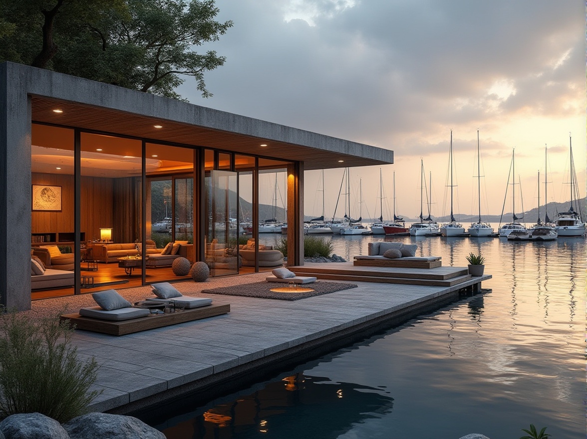 Prompt: Modern boathouse, luxurious, waterfront, lake, wooden dock, sailboats, yachts, plastered concrete walls, minimalist design, large windows, sliding glass doors, cozy interior, soft cushions, nautical theme decorations, warm lighting, natural materials, wood accents, stone flooring, comfortable lounge chairs, scenic views, sunset, cloudy sky, reflection on the water, calm atmosphere, 3/4 composition, shallow depth of field, cinematic ambiance.