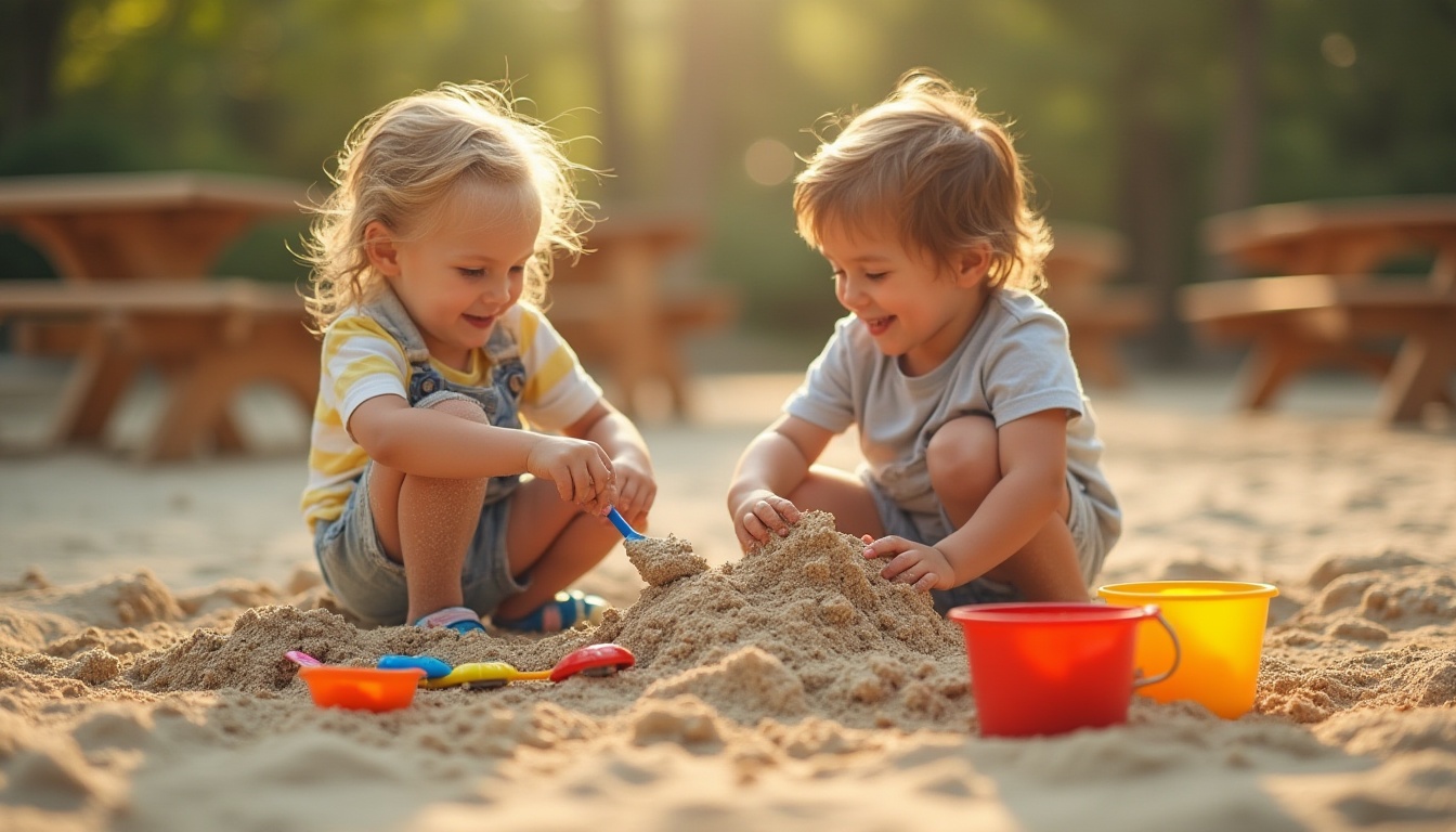 Prompt: Kindergarten playground, sandy area, kids playing, laughing, sandbox, wooden benches, colorful toys, buckets, shovels, children's hands molding sandcastles, gentle sunlight, warm atmosphere, natural textures, soft focus, shallow depth of field, vibrant colors, playful composition.