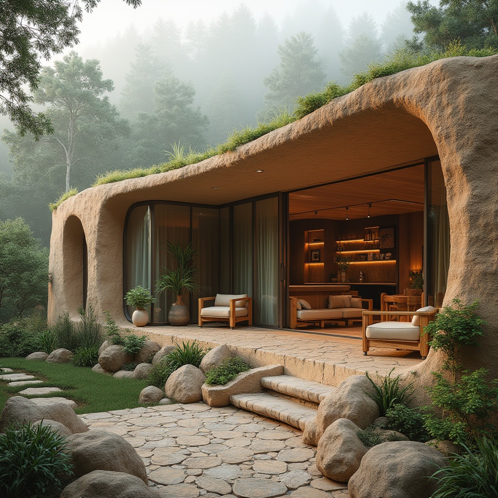 Prompt: Earthy modern villa, rammed earth structure, natural material, sustainable design, curved lines, minimalist aesthetic, large windows, natural light, open plan living area, cozy atmosphere, potted plants, wooden furniture, woven textiles, stone floor, rustic charm, warm color palette, green roof, surrounded by trees, forest setting, misty morning, soft focus, shallow depth of field.