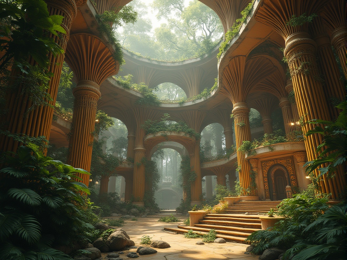 Prompt: Baroque style energy plant, incorporating bamboo material, ornate details, curved lines, golden accents, grandiose structure, futuristic twist, sleek surfaces, intricate carvings, lush greenery, vines wrapping around pillars, tropical flowers blooming, misty atmosphere, soft warm lighting, dramatic shadows, 3/4 composition, low-angle shot, cinematic mood, eco-friendly concept.